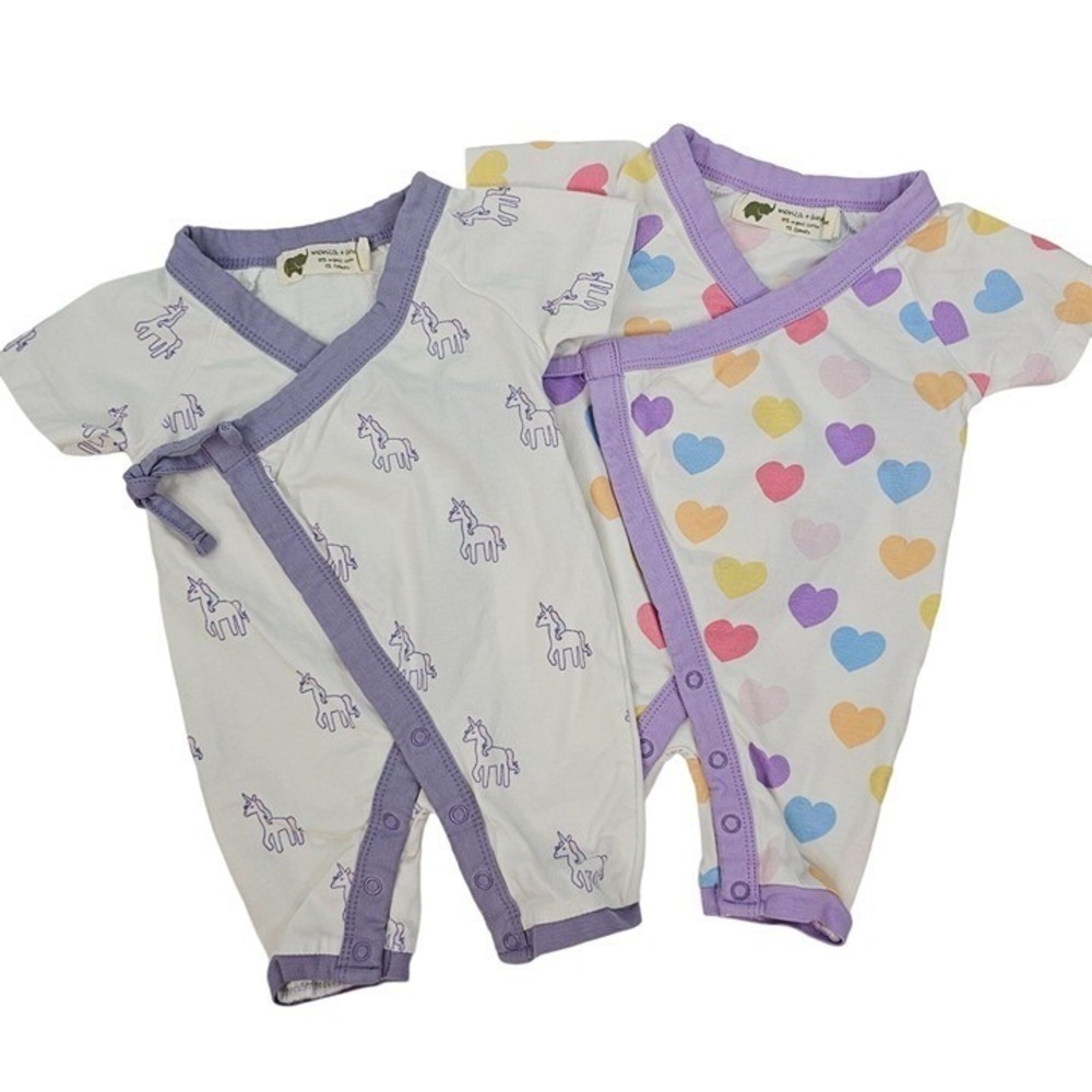 Baby 0-3M Monica + Andy Kimono Romper Set Purple Hearts Unicorn Organic Cotton‎